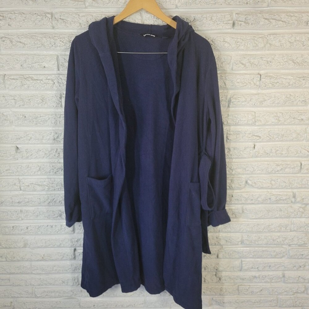 Lands End 18 Blue Fleece Robe Hooded Belted Long Sleeve Plus Size Lounge SWE115E